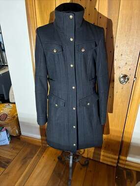 Guess Women's Black Wool Blend Military Style High Neck Coat with Gold Buttons